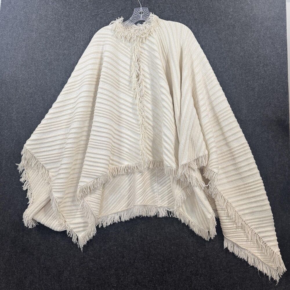 Sonia Rykiel Poncho Women's Large White Knit Fringe Striped Open Cape Boho